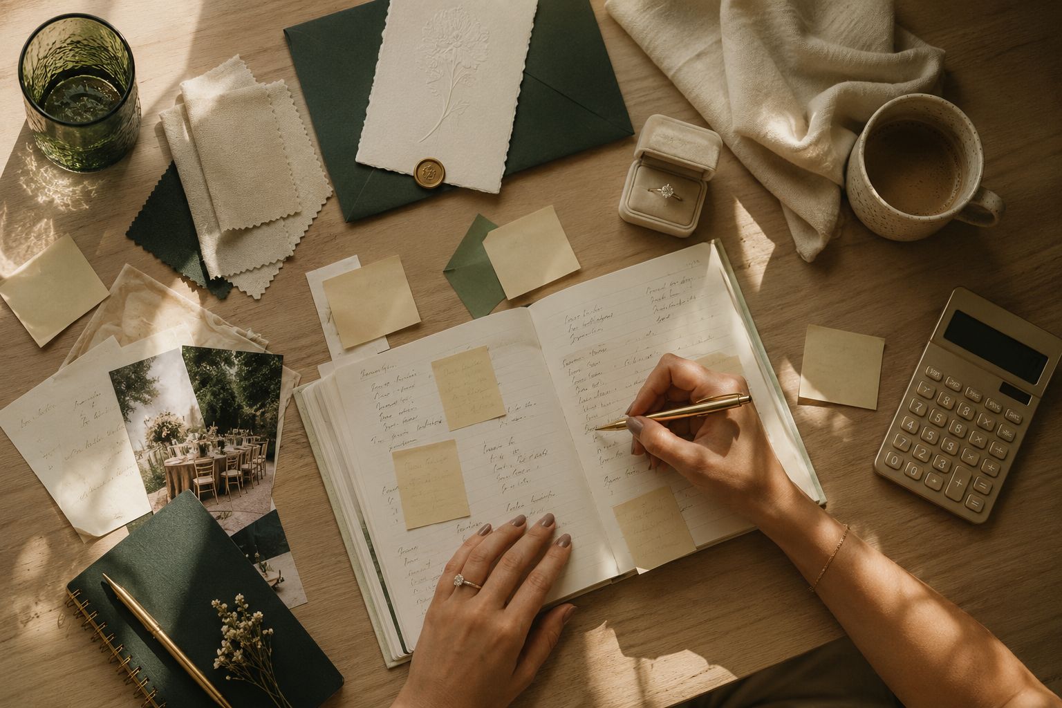 Mesa cheia de anotações, post-its, calculadora e caderno de planejamento do casamento